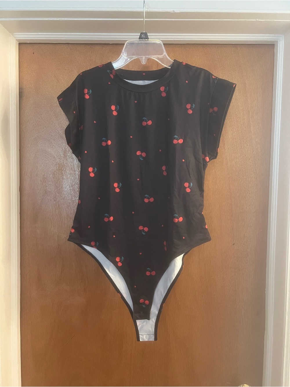 SHEIN Women’s Black with Red Cherry Print Crewneck Cap Sleeve Bodysuit